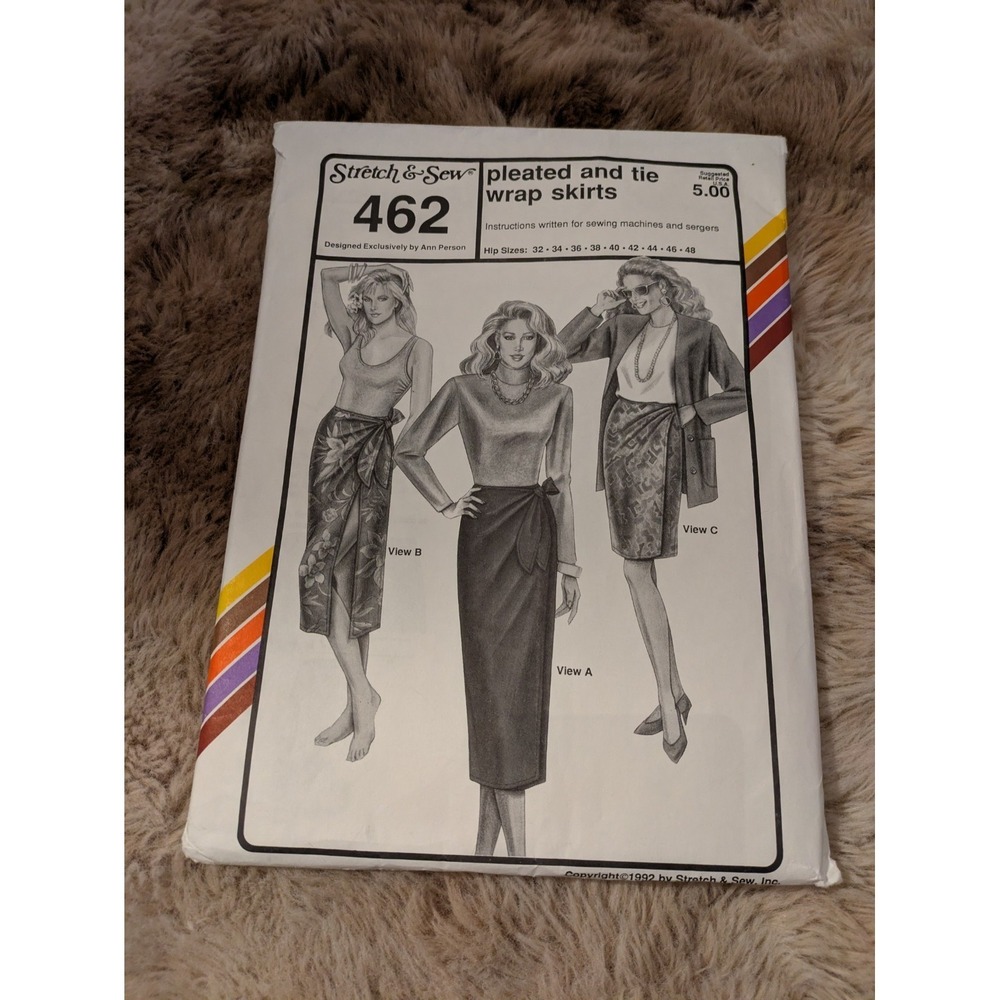 Vintage Stretch Sew 462 Pleated Tie Wrap Skirt Pattern Ann Person 1992 Hip 32-48